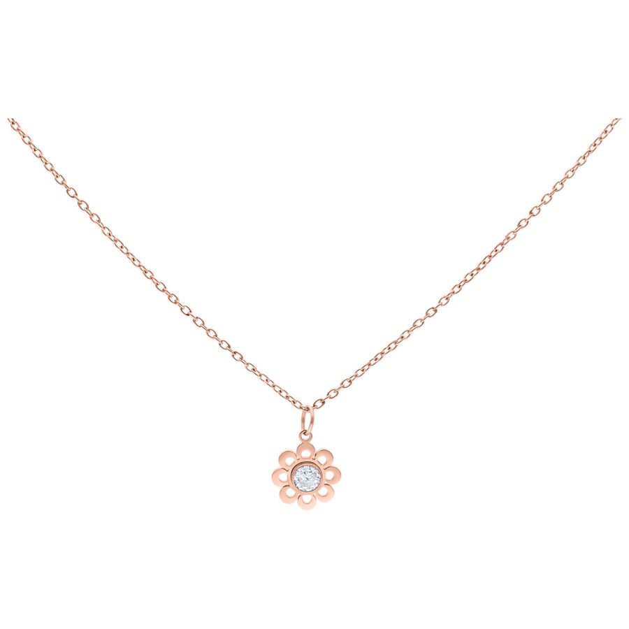 Roségoldene Kette mit Blütenanhänger und klarem Kristall auf weißem Hintergrund