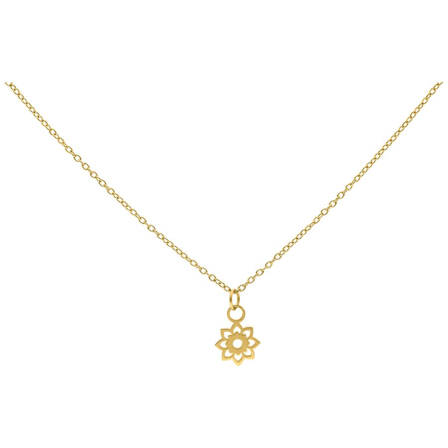 Goldene Kette mit kleinem Sonnenblumen-Anhänger auf weißem Hintergrund