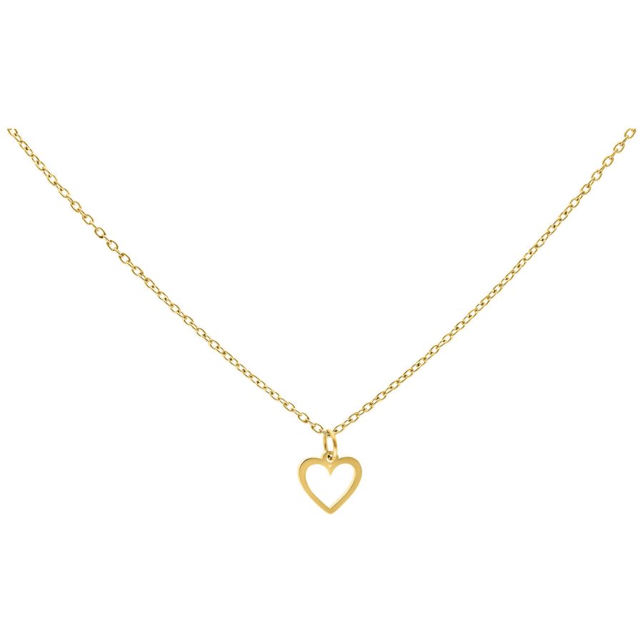 Feine goldene Kette mit herzförmigem Anhänger vor weißem Hintergrund