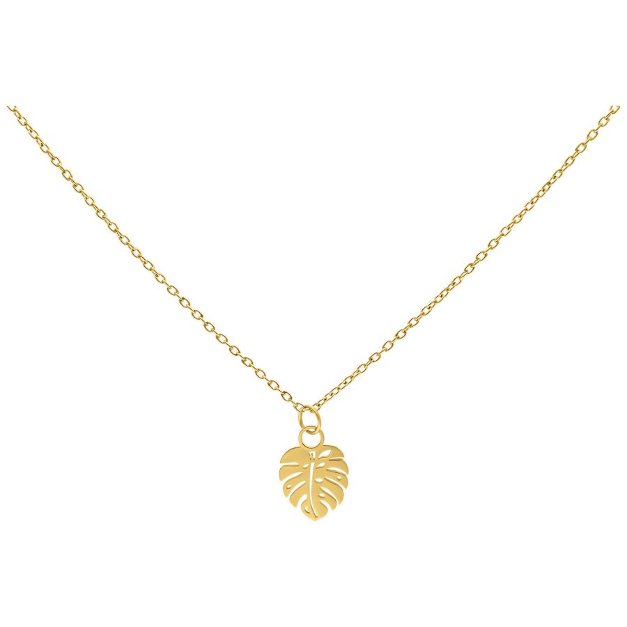 Goldene Monstera Leaf Kette aus Chirurgenstahl auf weißem Hintergrund