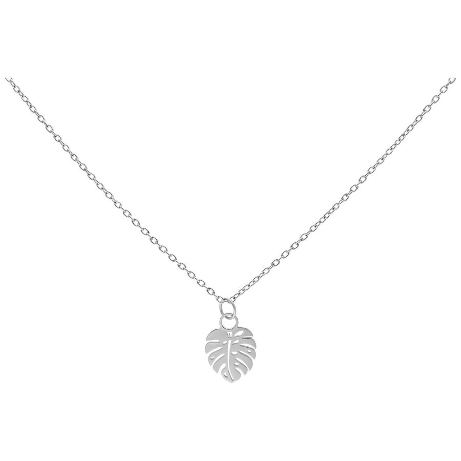 Silberne Kette mit Monstera-Blatt-Anhänger auf weißem Hintergrund