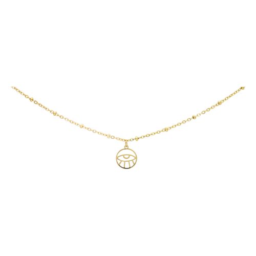 Filigrane goldene Fußkette mit Eye-Anhänger auf weißem Hintergrund