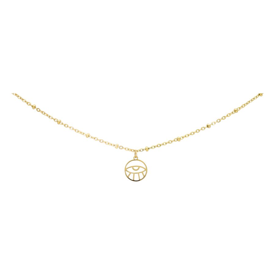 Filigrane goldene Fußkette mit Eye-Anhänger auf weißem Hintergrund