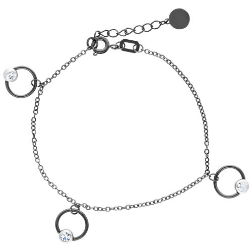 Schwarzes Armband aus Chirurgenstahl mit verstellbarer Länge und Kristallringen auf weißem Hintergrund