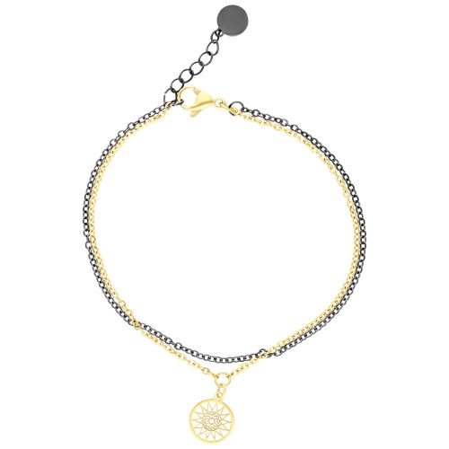 Doppeltes Mandala Armband aus Chirurgenstahl in Schwarz und Gold auf weißem Hintergrund