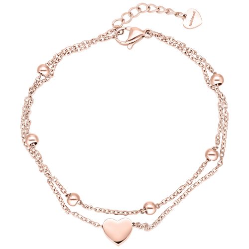Doppelreihiges Armband in Roségold mit Herzanhänger auf weißem Hintergrund