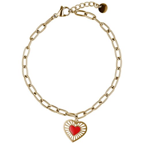 Goldenes Armband mit rotem Herzanhänger auf weißem Hintergrund