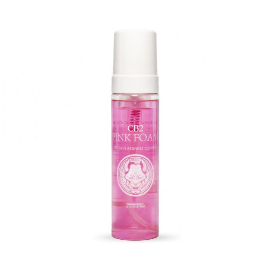 Flasche mit pinkem Schaum, Aloe Tattoo CB2, 220 ml, auf weißem Hintergrund