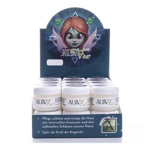 Display mit Auafee Skincare Boxen, weiße Dosen, bunte Verpackung