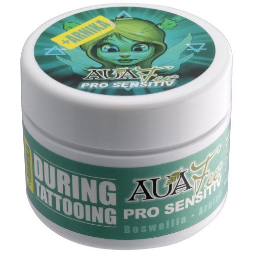 Runde Dose mit grünem Deckel und Auafee-Design, enthält PRO Sensitiv mit Arnika 125ml