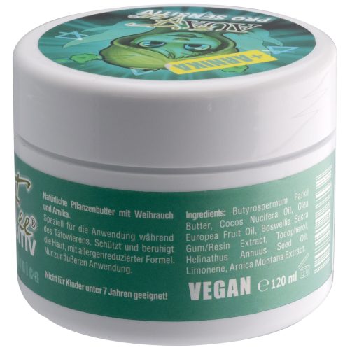Runde weiße Dose mit grünem Etikett und Aufschrift 'PRO Sensitiv mit Arnika', 120ml