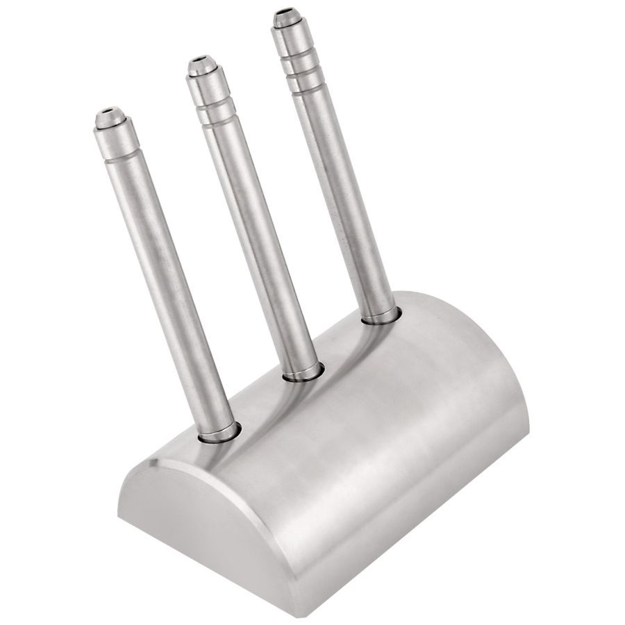 Dreiteiliges Kugelhalter-Set aus glänzendem Edelstahl auf weißem Hintergrund