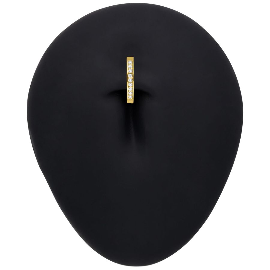 Goldener Bauchnabel Clicker mit Moissanit Kristallen auf schwarzem Hintergrund