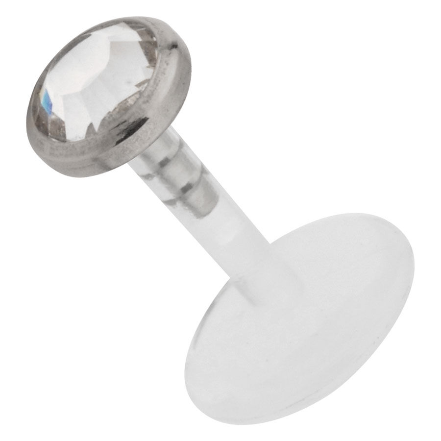 Silberner Micro Labret mit klarem Kristall auf weißem Hintergrund