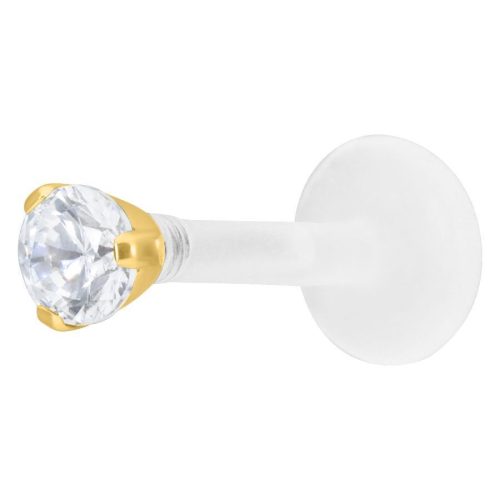 Goldener Labret-Piercing mit 2,5 mm kristallklarem Stein auf weißem Hintergrund