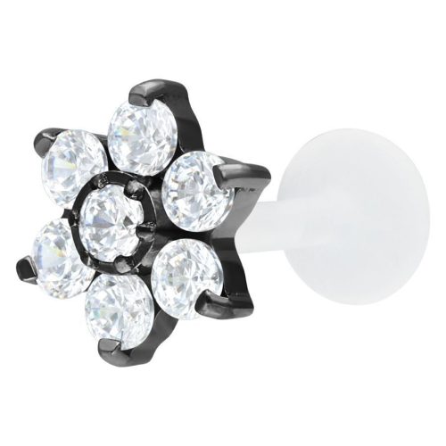 Schwarzer Labret mit kristallklarer Blumenform auf weißem Hintergrund