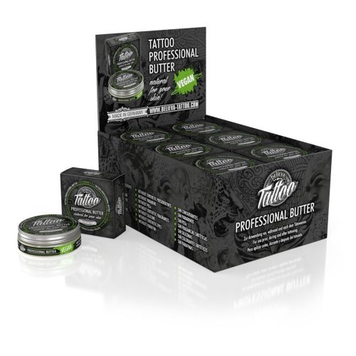 Believa Tattoo Butter in 35 ml Dose, in schwarzer Verpackung mit grünen Details, auf weißem Hintergrund