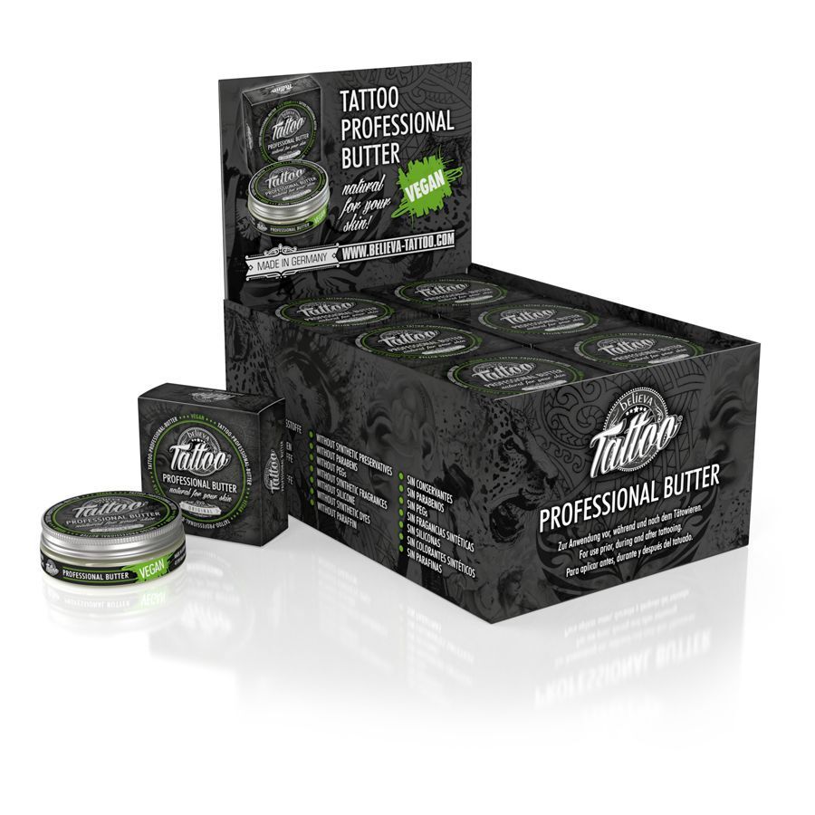 Believa Tattoo Butter in 35 ml Dose, in schwarzer Verpackung mit grünen Details, auf weißem Hintergrund