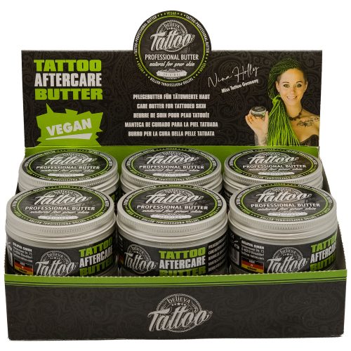 Believa Tattoo Butter Dosen in grüner Displaybox auf weißem Hintergrund