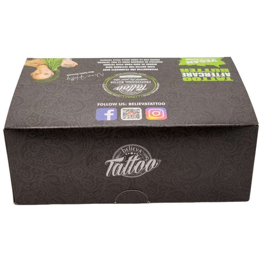 Schwarze Box der Believa Tattoo Butter mit Logo und Social Media Icons