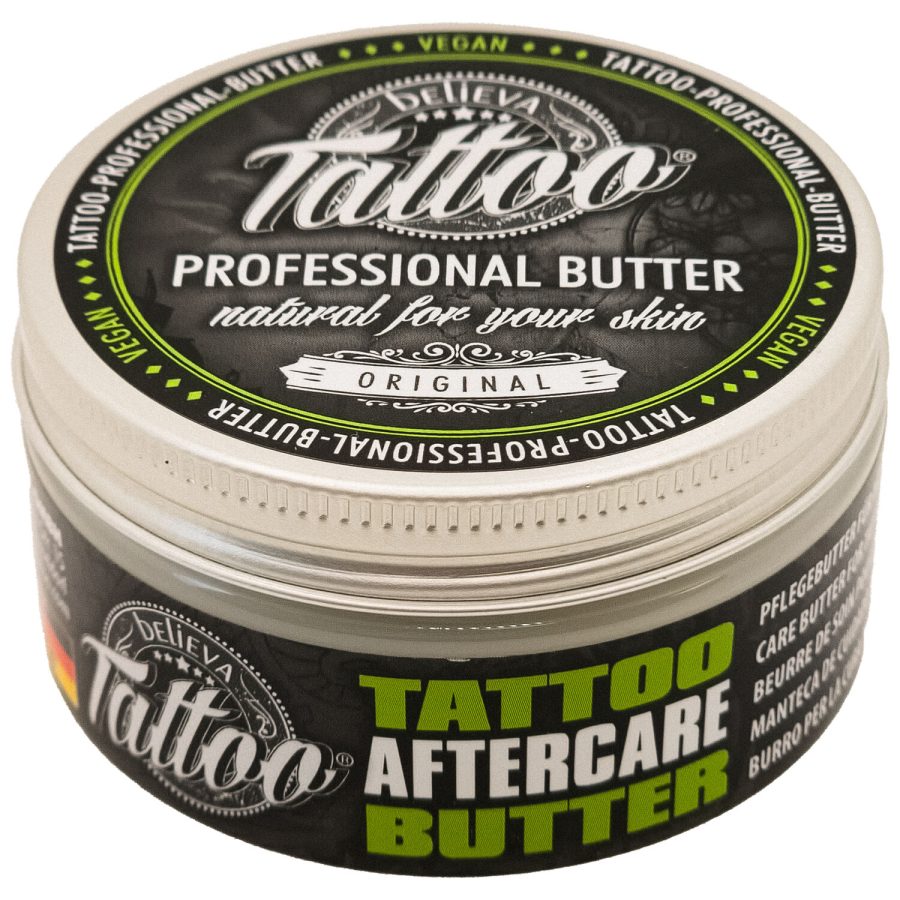 Runde Dose Believa Tattoo Butter, grün-schwarzes Design, 35 ml