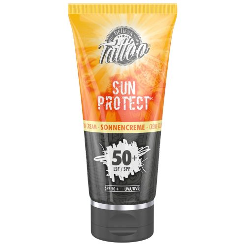 100 ml Tube Believa Tattoo Sun Protect mit SPF 50+ auf weißem Hintergrund