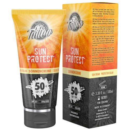 Tube und Verpackung von Believa Tattoo Sun Protect 50+ auf weißem Hintergrund