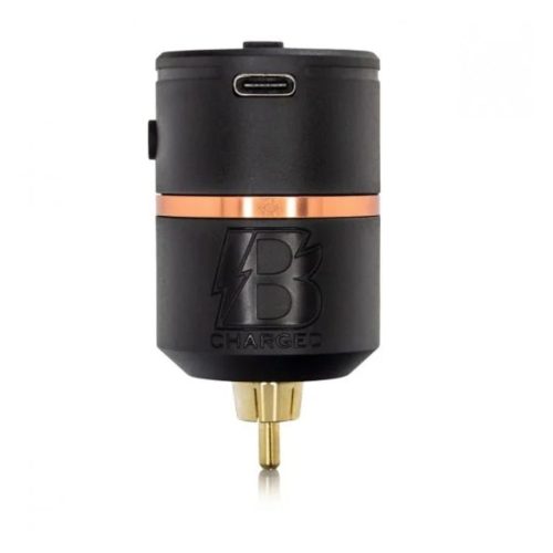 Schwarzes Bishop Wireless Netzteil V2 mit USB-Anschluss auf weißem Hintergrund