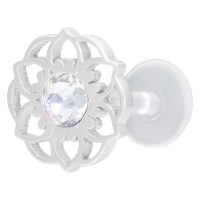 Silbernes Labret mit Mandala-Blumenform und klarem Kristall auf weißem Hintergrund
