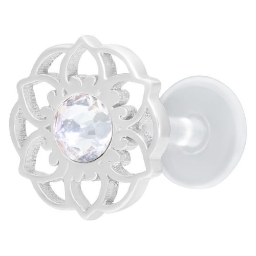 Silbernes Labret mit Mandala-Blumenform und klarem Kristall auf weißem Hintergrund