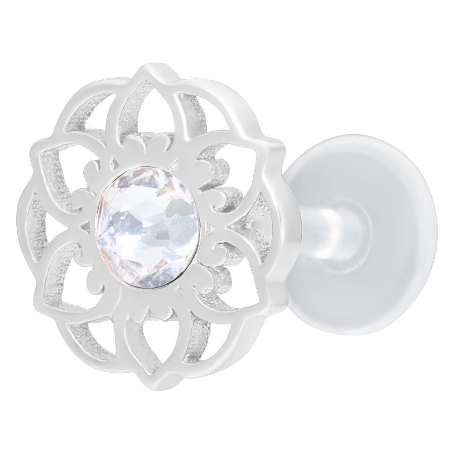 Silbernes Labret mit Mandala-Blumenform und klarem Kristall auf weißem Hintergrund