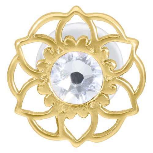 Goldenes Push-Fit Labret mit Mandala-Blumenmotiv und klarem Kristall auf weißem Hintergrund