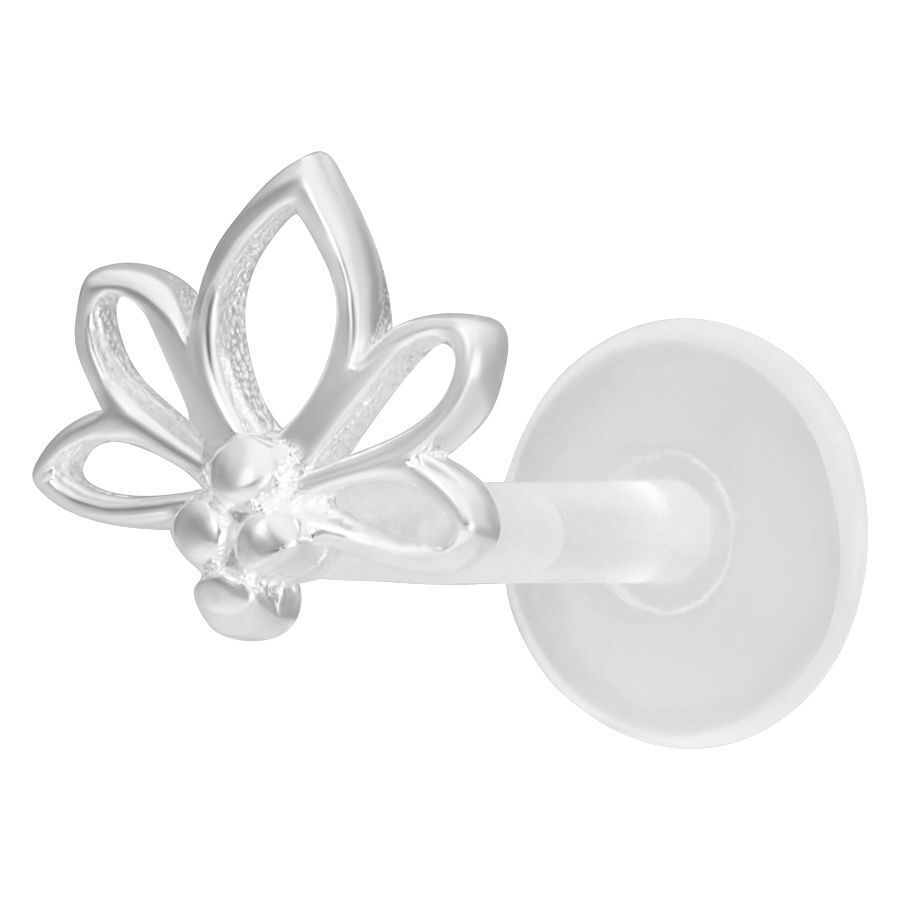 Silberfarbenes Lotus Labret Piercing mit Push-Fit auf weißem Hintergrund