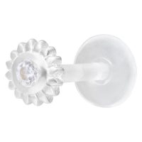 Silbernes Labret Piercing mit kristallklarem Stein auf weißem Hintergrund