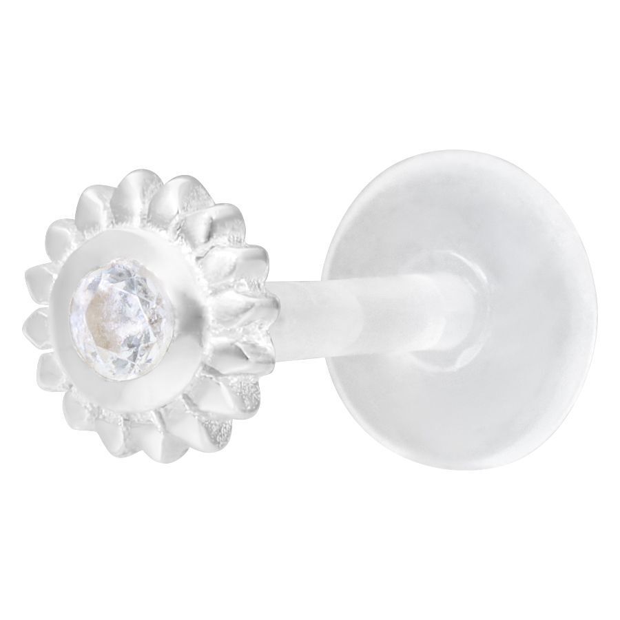 Silbernes Labret Piercing mit kristallklarem Stein auf weißem Hintergrund
