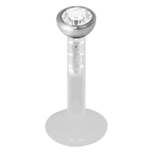 Silbernes Push-fit Labret mit klarem Kristall auf weißem Hintergrund