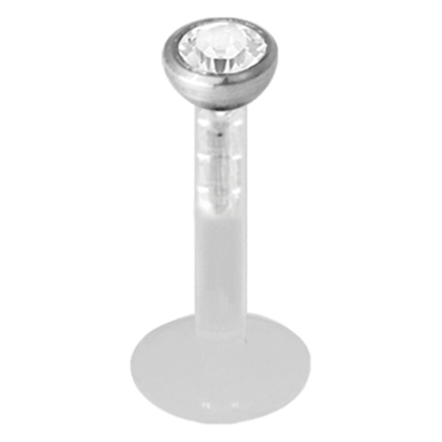Silbernes Push-fit Labret mit klarem Kristall auf weißem Hintergrund