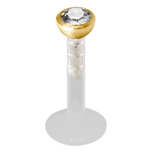 Goldenes Push-fit Labret mit klarem Kristall auf weißem Hintergrund
