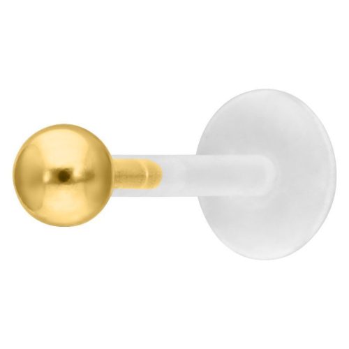 Goldenes Push-Fit Labret Piercing mit kugelförmigem Aufsatz auf weißem Hintergrund