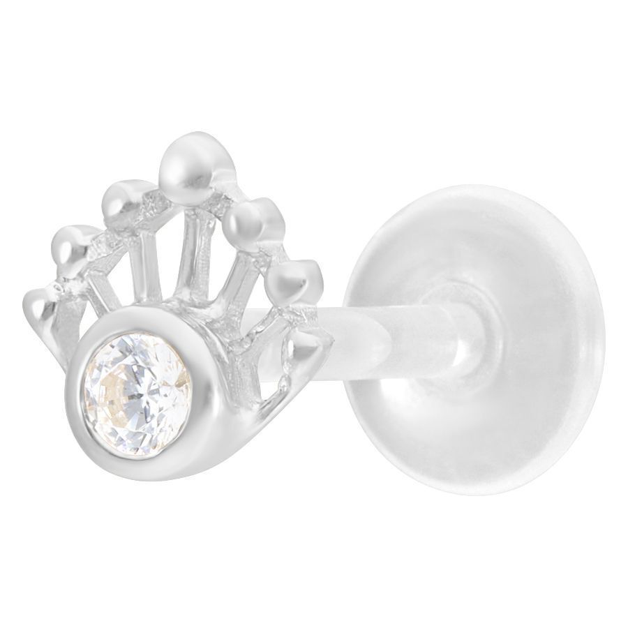 Silberner Labret-Piercing mit Kristall auf weißem Hintergrund