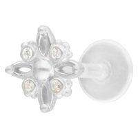 Silberfarbenes Labret mit sternförmigem Aufsatz und Kristallen auf weißem Hintergrund