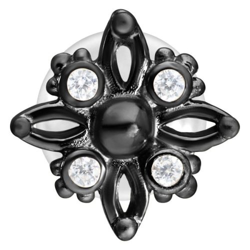 Schwarzes Push-Fit Labret mit sternförmigem Design und kristallklaren Steinen auf weißem Hintergrund