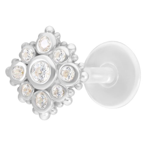 Silbernes Push-Fit Labret mit kristallklaren Steinen auf weißem Hintergrund