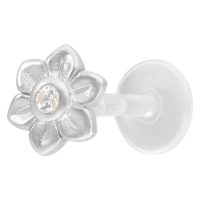 Silbernes Blumen Labret mit klarem Kristall auf weißem Hintergrund
