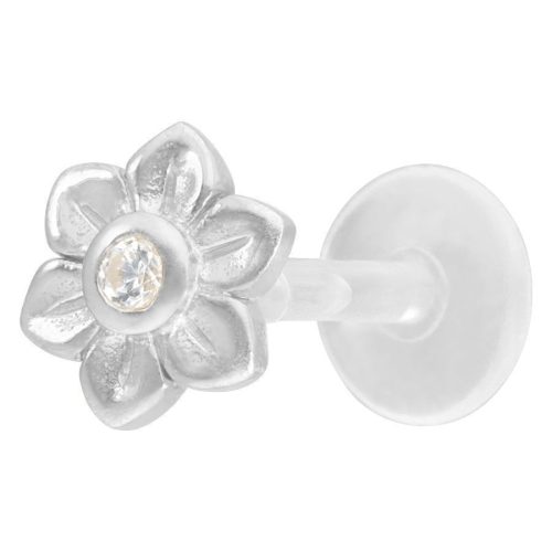 Silbernes Blumen Labret mit klarem Kristall auf weißem Hintergrund