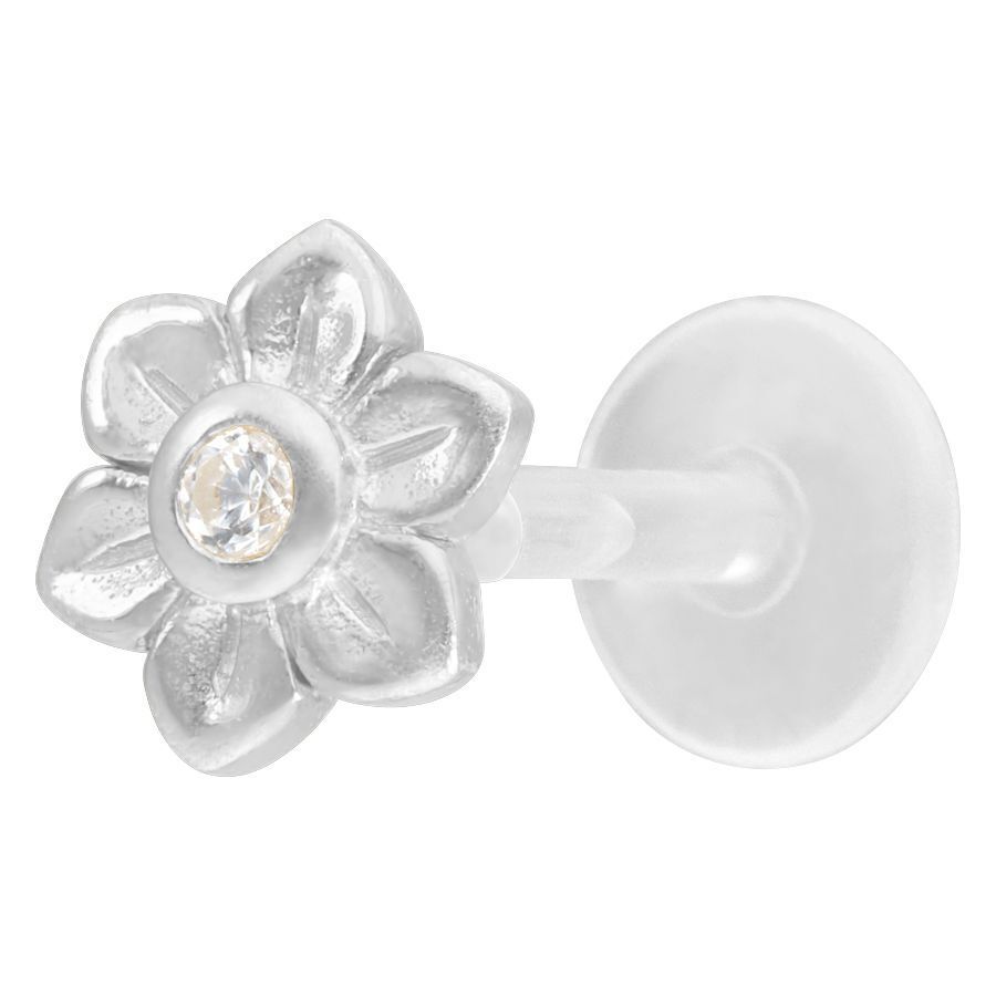 Silbernes Blumen Labret mit klarem Kristall auf weißem Hintergrund