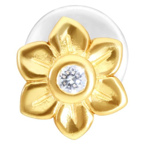 Goldenes Labret mit Blumenaufsatz und klarem Kristall auf weißem Hintergrund