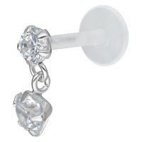 Silbernes Push-Fit Labret mit klarem Kristallanhänger auf weißem Hintergrund
