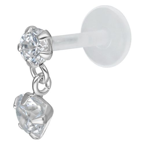 Silbernes Push-Fit Labret mit klarem Kristallanhänger auf weißem Hintergrund