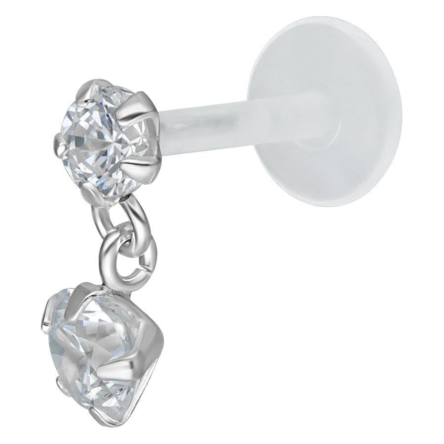 Silbernes Push-Fit Labret mit klarem Kristallanhänger auf weißem Hintergrund